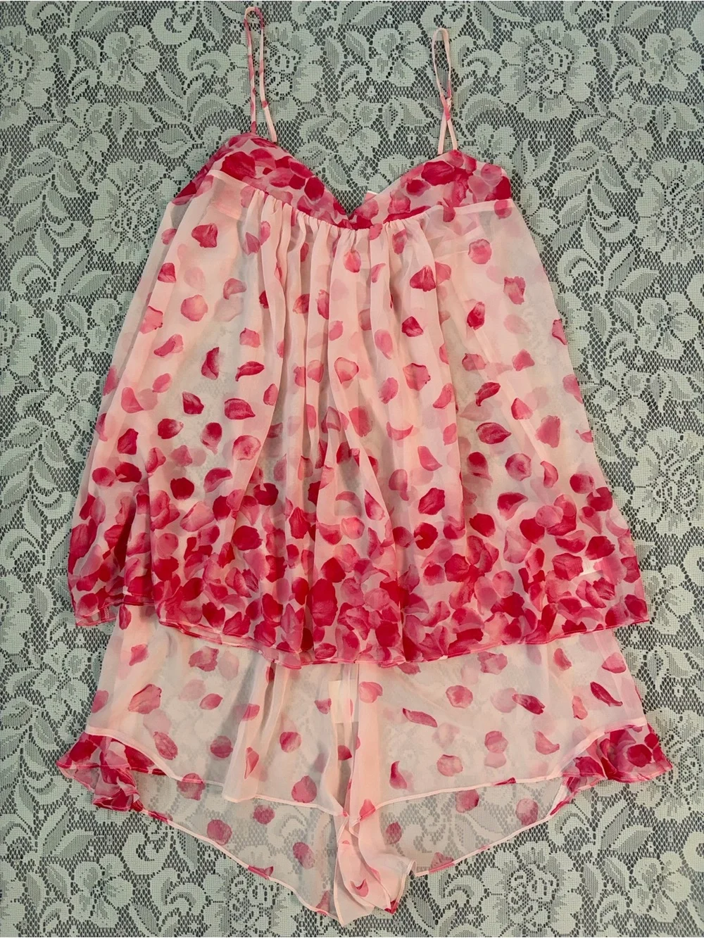 Oscar de la Renta Pink Label Rose Petal Chiffon Camisole & Short Lingerie Set